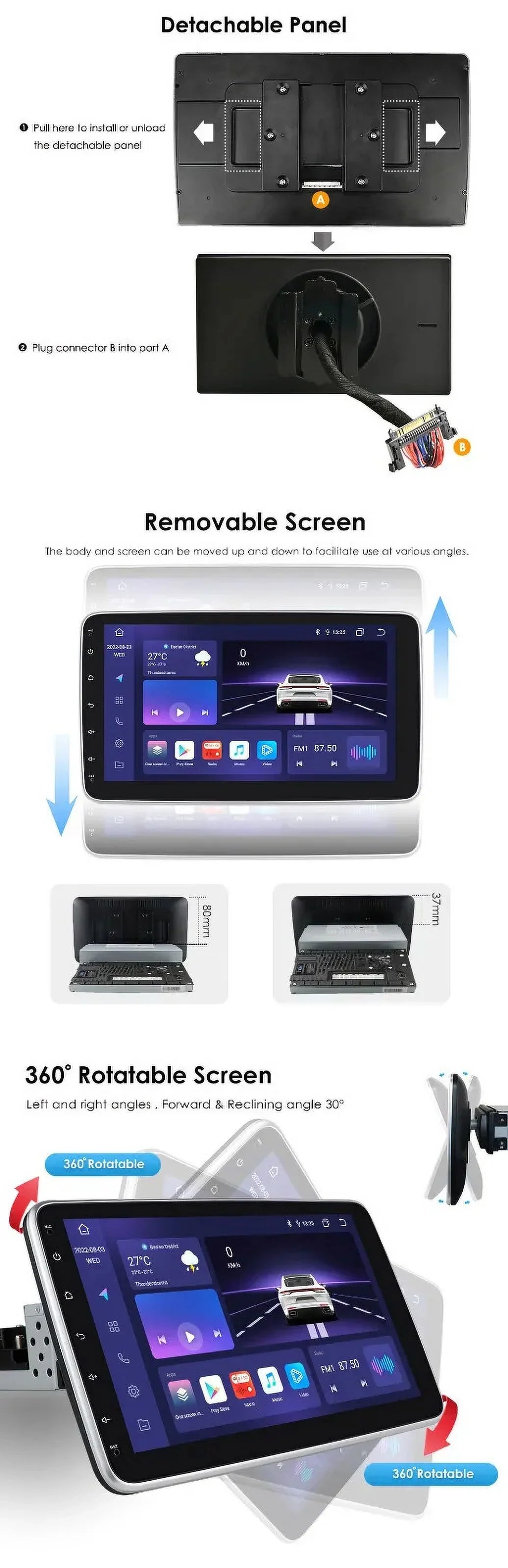 Sizeingle 1 DIN Rotatable 10.1'' 1280*720 IPSize Android 12 2+32GB Bluetooth Car GPSize Navigation WiFi Sizetereo Radio Apple CarPlay