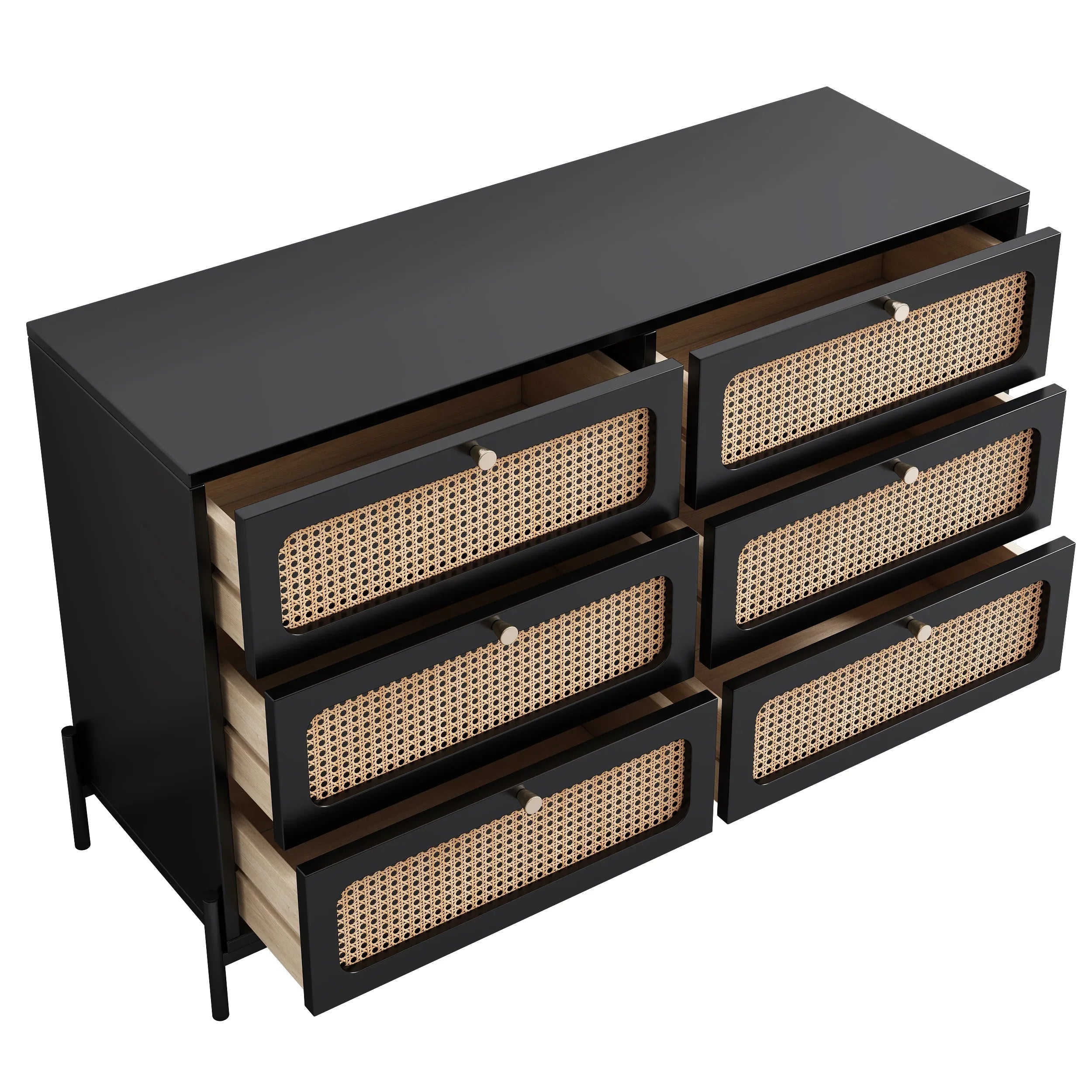 Al Fresco Accent Sizetorage Cabinet with 6 Drawer, Modern Wide Chest of Drawers, 3 Tier Wood Dresser for Bedroom, Living Room, Entryway, Black