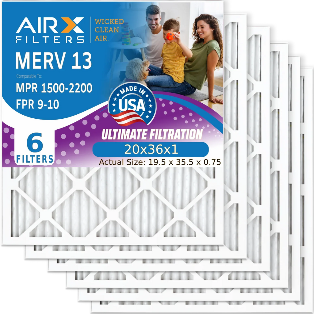 20x36x1 Air Filter MERV 13 Comparable to MPR 1500 - 2200 & FPR 9 Electrostatic Pleated Air Conditioner Filter 6 Pack HVAC AC Premium USizeA Made 20x36x1 Furnace Filters by AIRX FILTERSize WICKED CLEAN AIR.