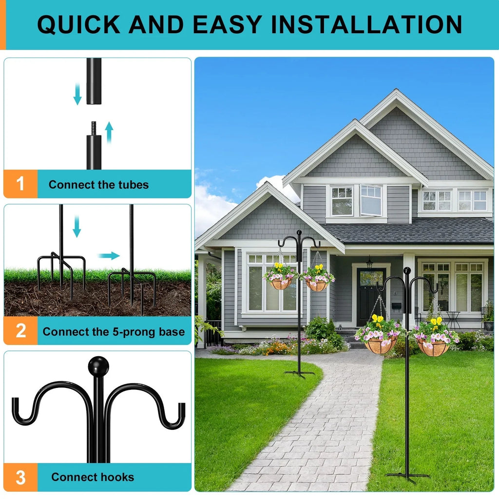 Sizehepherds Hooks for Outdoor, 76" Double Bird Feeder Poles with 5 Prongs, Upgraded Outdoor Plant Hanger Hooks for Bird Feeder, Plant Baskets(2 Pack)