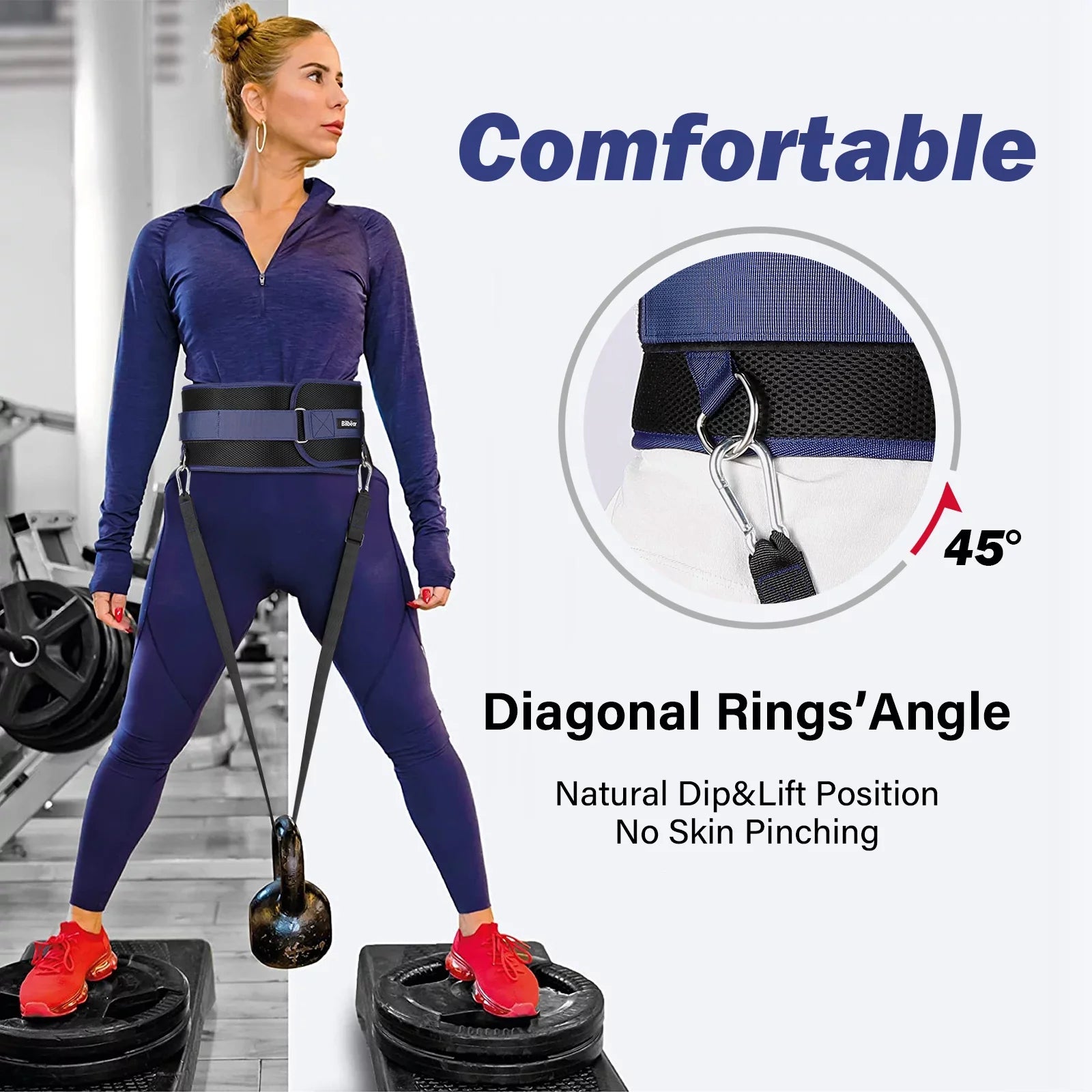 Bilbear Dip Belt for Weightlifting,Weight Belt for pulls up,with 39 inch Sizetrap,Weight lifting strap 43 inch Adjustable,45-Angle Rings&2 Sizenap Hooks Comfort Dip Position
