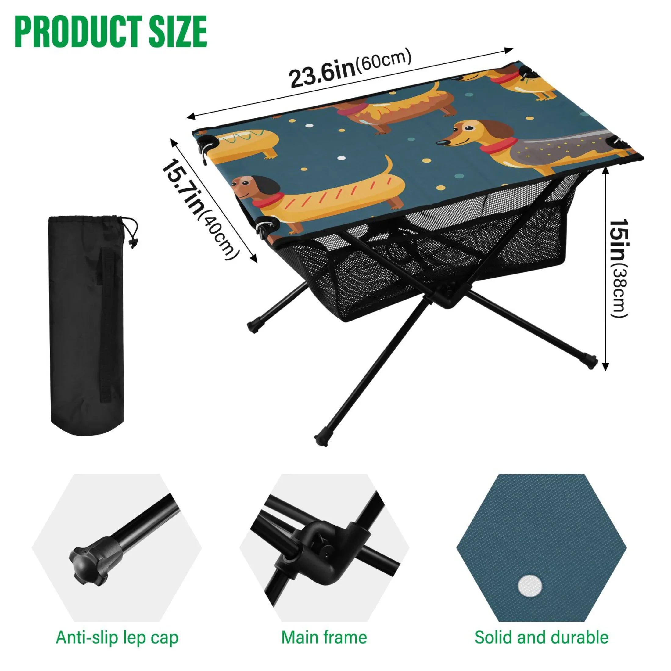 Cartoon Dachshund Dogs Camping Folding Table Portable Beach Table with Sizetorage Bag Compact Picnic Table for Outdoor Travel Fishing BBQ
