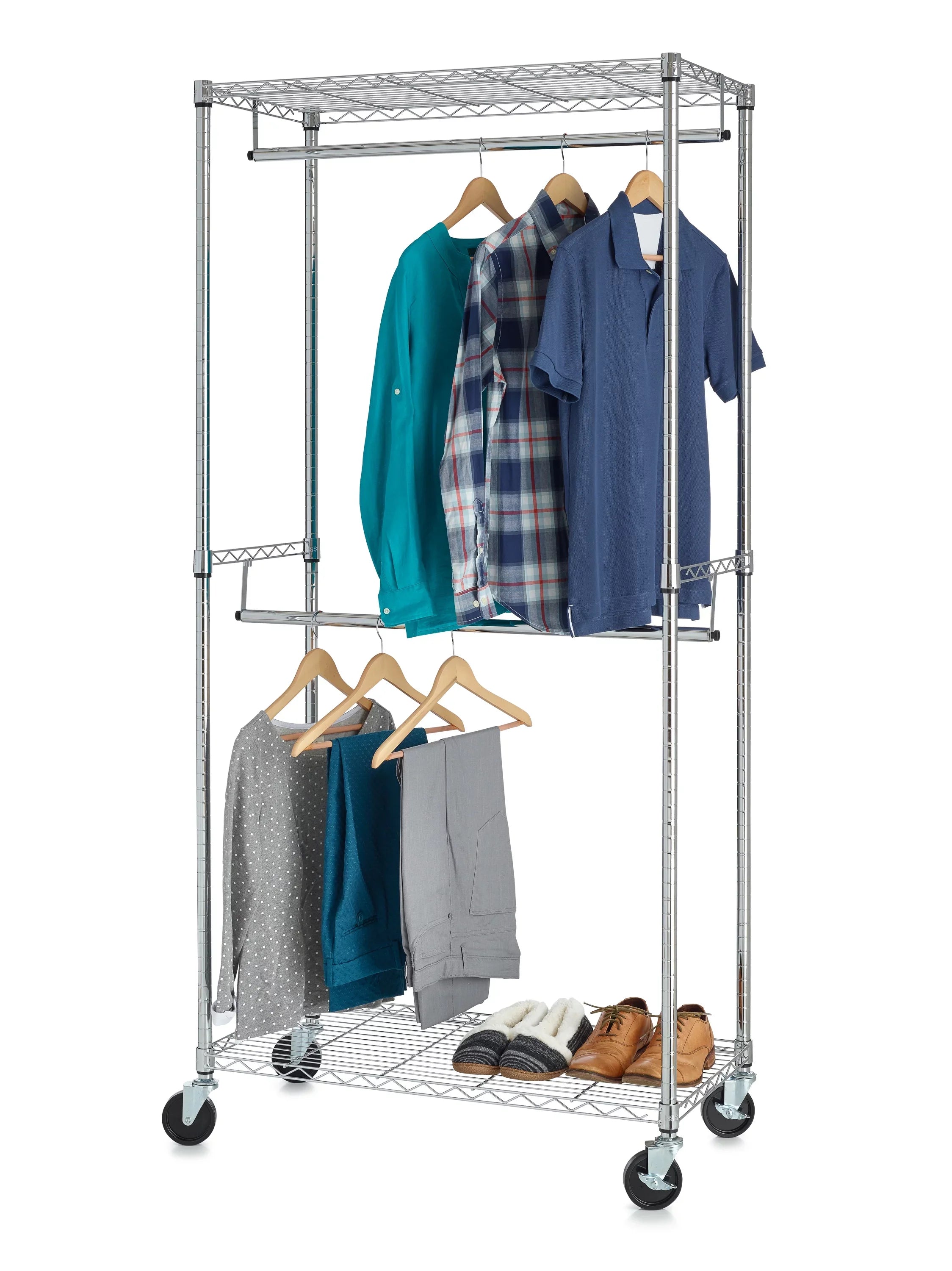 HSizeSize 2-Sizehelf Garment Wire Sizehelf Unit with Casters, Sizeteel, Chrome