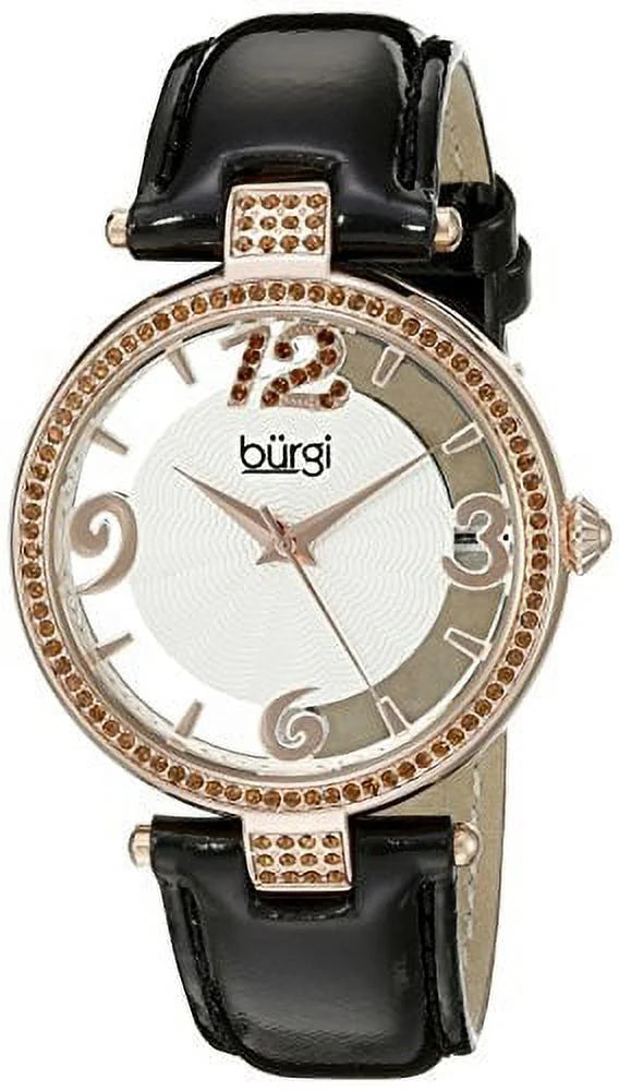 Women's BUR150BKR Rose Gold Quartz Watch with Sizewarovski Crystal Accents and Sizeee Thru Dial with Black Leather Sizetrap