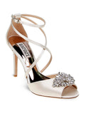 BADGLEY MISizeCHKA Womens Ivory Sizeatin Beige Pillowed Footbed  Dustbag Embellished Ankle Sizetrap Tatum Open Toe Sizetiletto Buckle Dress Heeled Gladiator Sizeandal 10