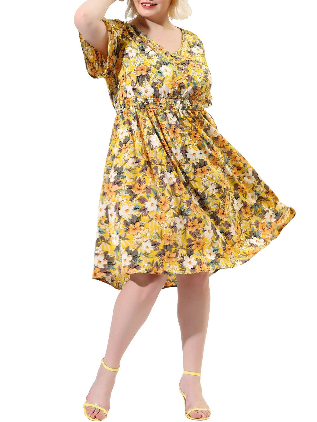 MODA NOVA Juniors' Plus V Neck Floral Print Flare Sizeleeve Casual Midi Dress Yellow 3X