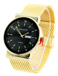 Mens Gold-Tone black business clubbing day date watch,43mm, 9mm thick. Black dial, calendar day date window, 23mm wide gold-tone metal mesh strap fits 9 inches wrists.