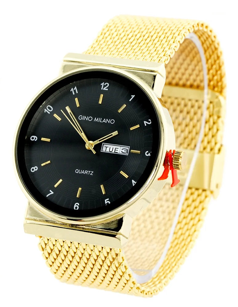 Mens Gold-Tone black business clubbing day date watch,43mm, 9mm thick. Black dial, calendar day date window, 23mm wide gold-tone metal mesh strap fits 9 inches wrists.