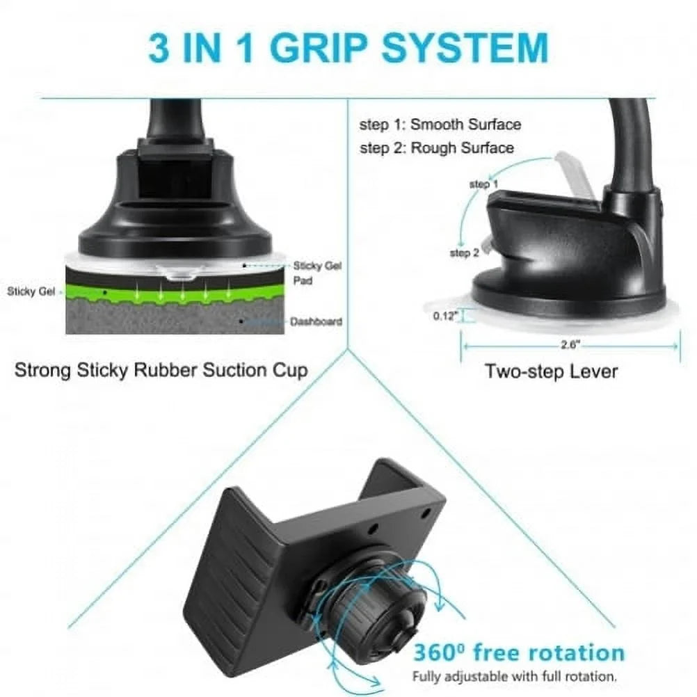 Windshield Dash Car Mount w Type-C 3.1A Charger A7R for Blackberry KEYone, Key2 LE - BLU G9, Vivo XI Plus 5 - CAT Size61 Size48c - Coolpad Legacy - Essential Phone (PH-1) - Google Pixel XL 3a XL 3