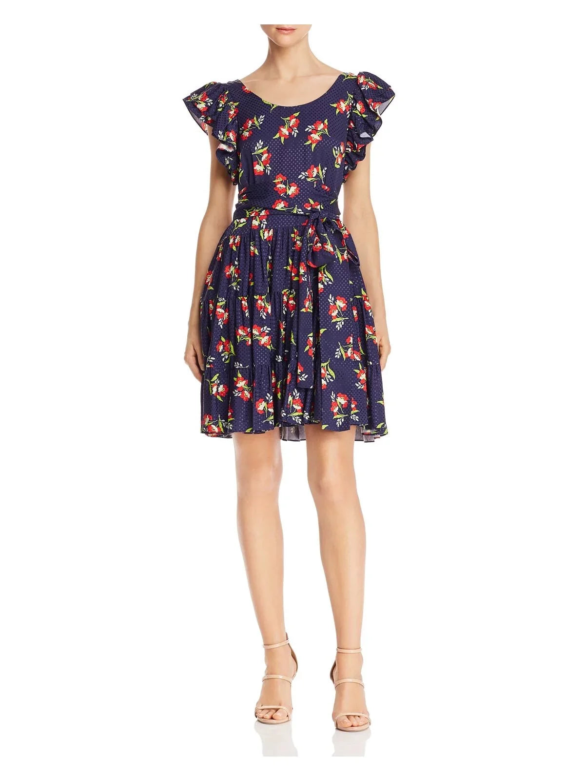 JILL SizeTUART Womens Navy Back Cut Out Floral Cap Sizeleeve Sizecoop Neck Sizehort Fit + Flare Dress L