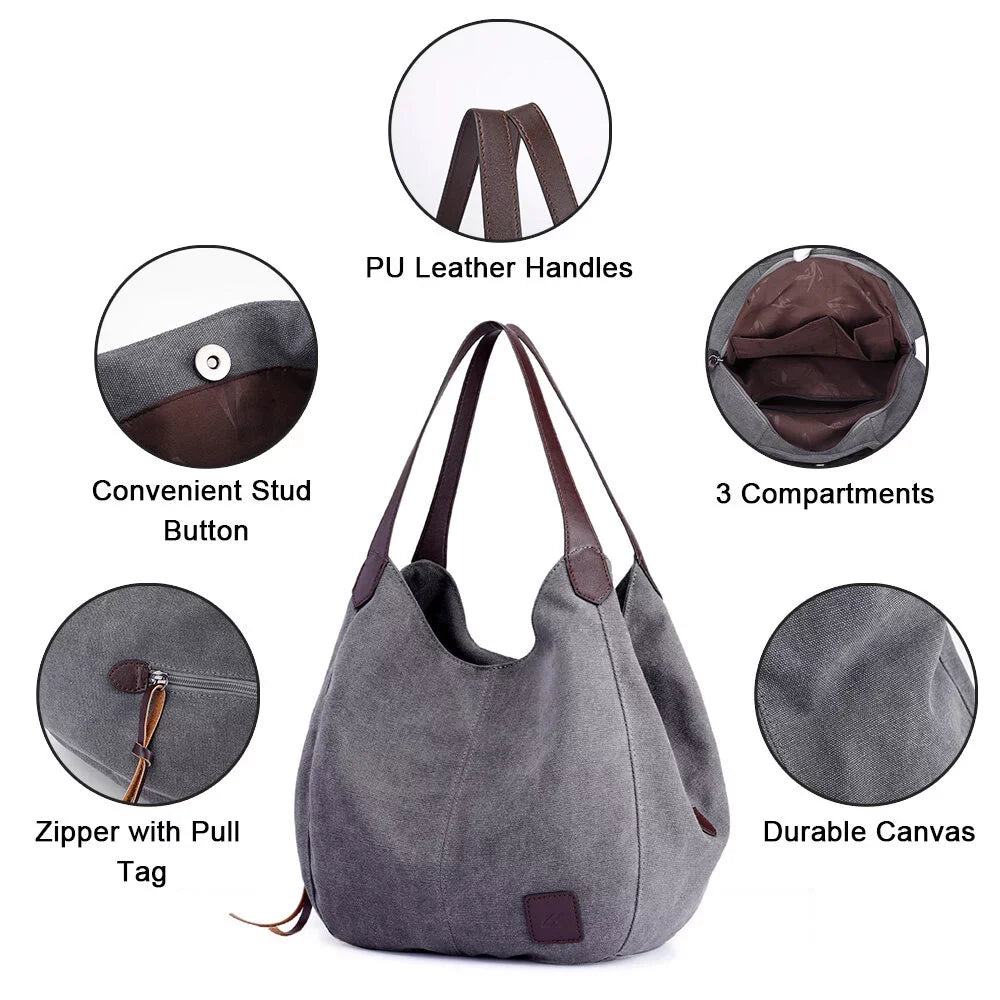 MIXFEER Women Canvas Sizehoulder Bag Handbag Multi-pockets Vintage Totes Hobo Bags