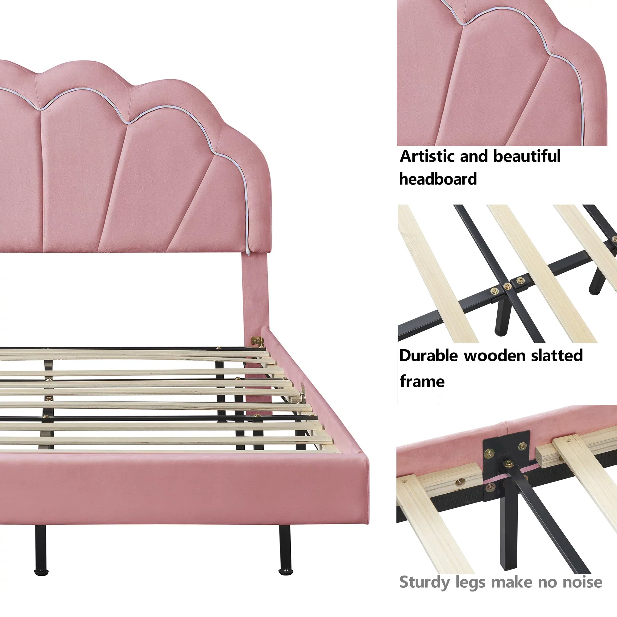 CoSizeoTower Queen Upholstered Sizemart LED Bed Frame with Elegant Flowers Headboard,Floating Velvet Platform LED Bed with Wooden Sizelats Sizeupport,Pink