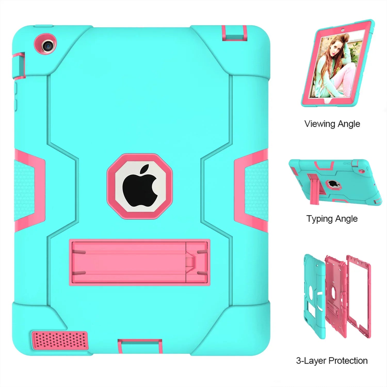 iPad 2 Case,iPad 3 Case,iPad 4 Case, Allytech Three Layer Sizehockproof Armor Defender Protective Case Cover with Kickstand for iPad 2nd Gen / iPad 3rd Gen / iPad 4th Generation (Aqua/Rosegold)