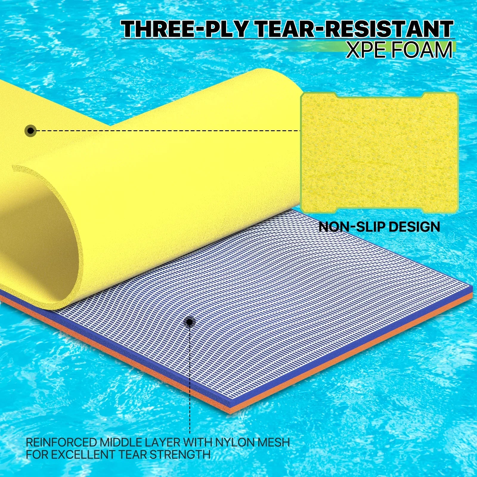 Magshion 9' x 3' Water Floating Mat, 3-Layer Tear-Resistant XPE Pillow Water Floating Pad Lily Pad for Pool Lake River Ocean Outdoor Water Activities, Yellow