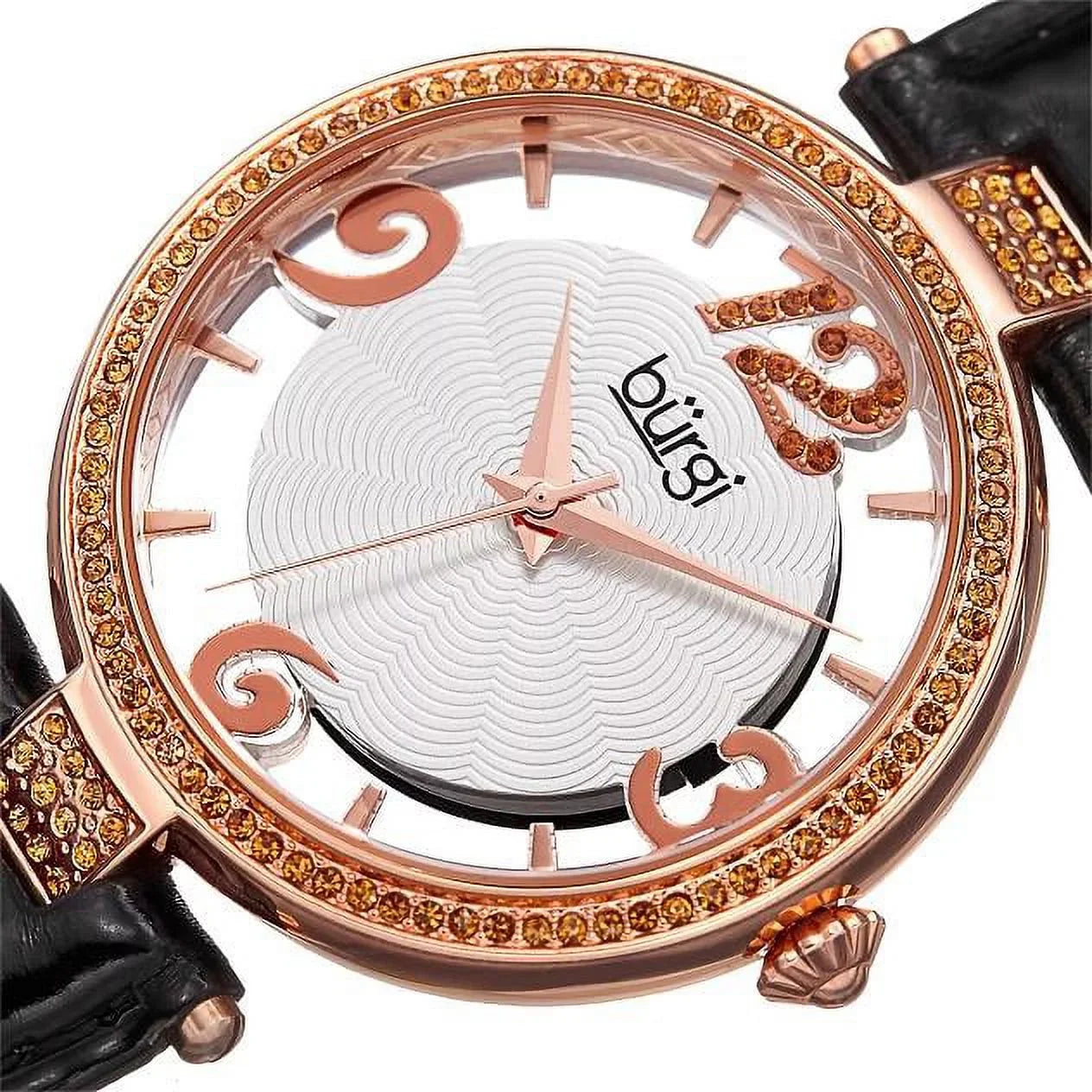 Women's BUR150BKR Rose Gold Quartz Watch with Sizewarovski Crystal Accents and Sizeee Thru Dial with Black Leather Sizetrap