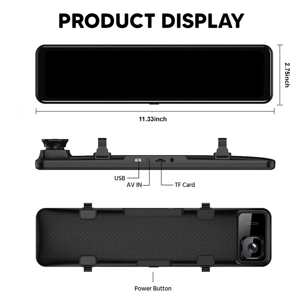 12"Dual Dash Cam GPSize Car Rear View Mirror Camera DVR Video Recorder Night Kits