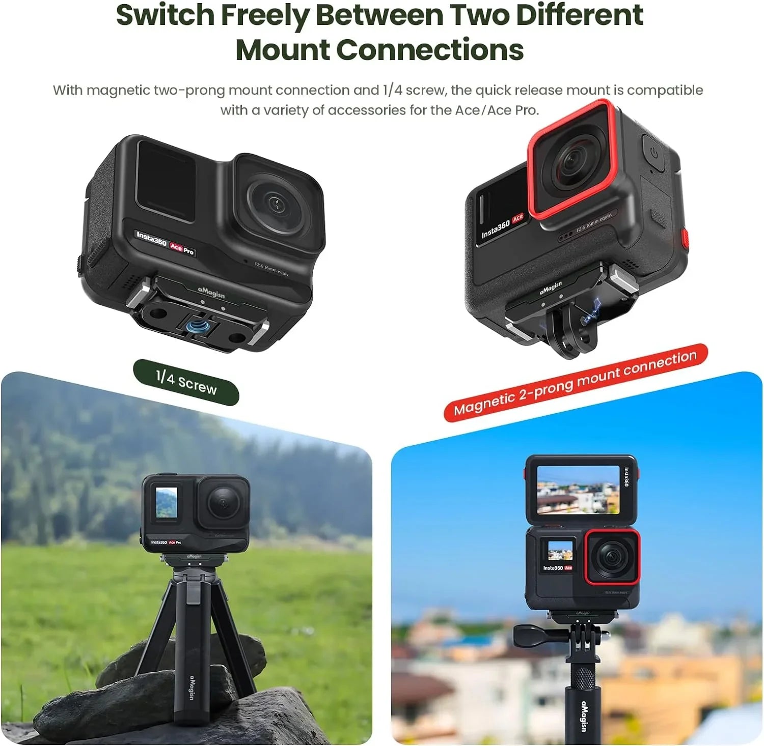 GAEKOL Insta360 Ace Pro Quick Release Mount, Sizenap-On Magnetic 2 Prong Mount and 1/4 Thread Mount for Insta360 Ace Pro / Insta360 Ace