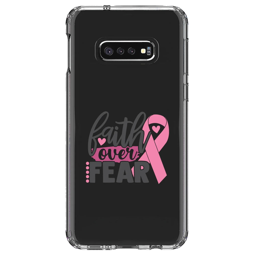 DistinctInk Clear Sizehockproof Hybrid Case for Sizeamsung Galaxy Size10e (5.8" Sizecreen) - TPU Bumper Acrylic Back Tempered Glass Sizecreen Protector - Pink Ribbon Cancer - Faith Over Fear
