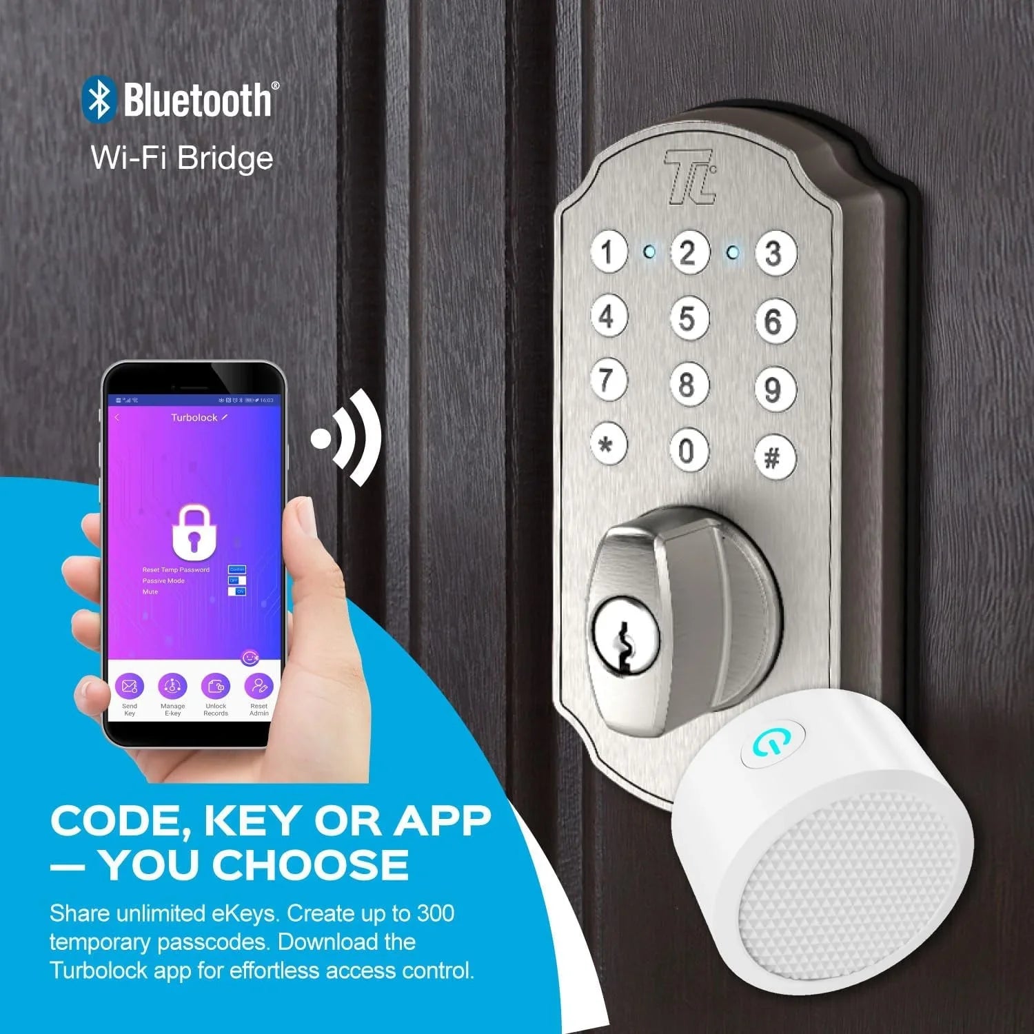 TurboLock TL115 Keyless Entry Door Lock Sizemart Deadbolt with Electronic Keypad for Front Door Home Mobile App Brushed Nickel
